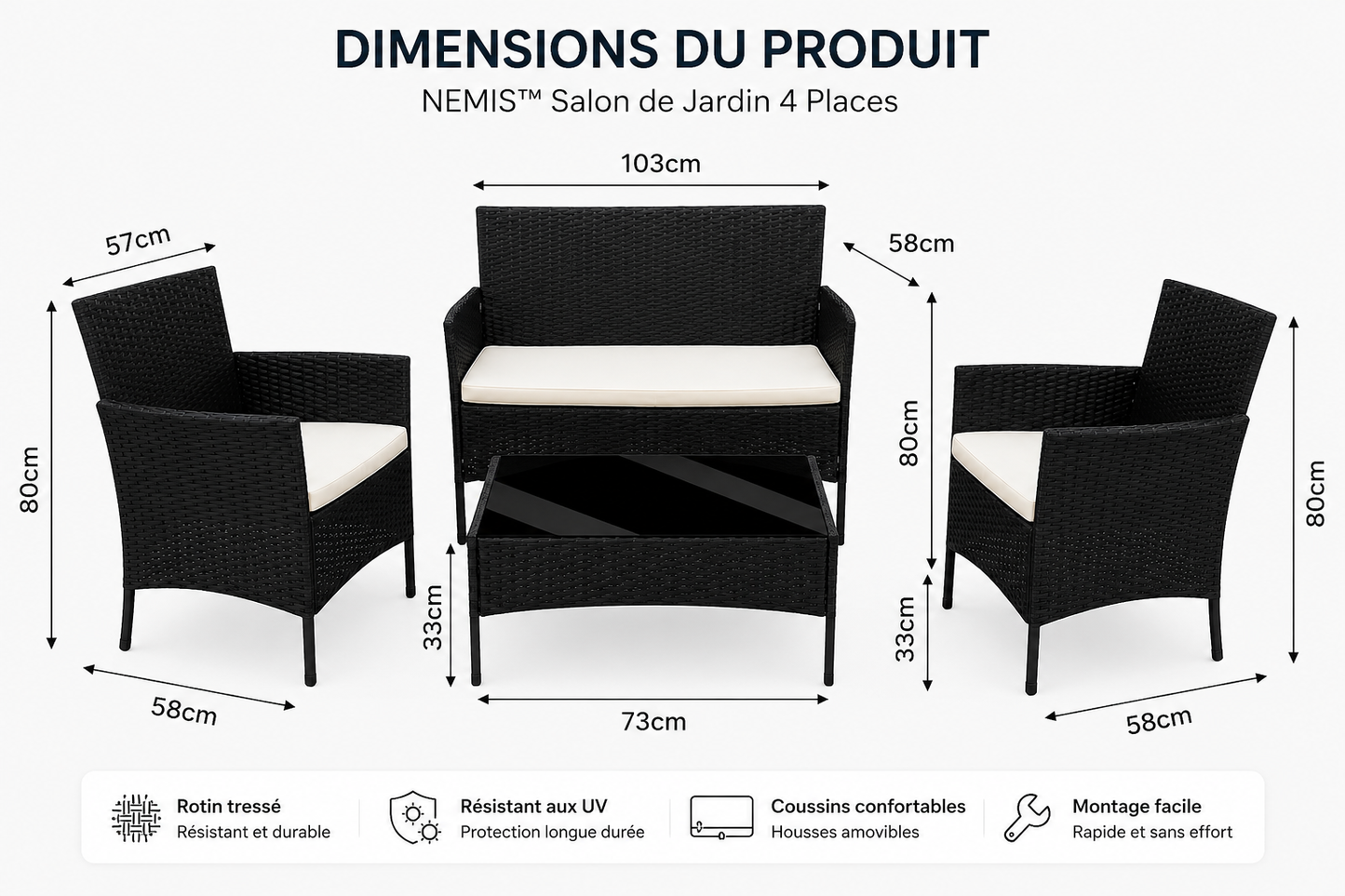 NEMIS™ Salon de Jardin 4 Places