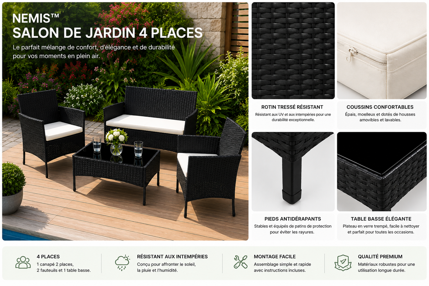 NEMIS™ Salon de Jardin 4 Places